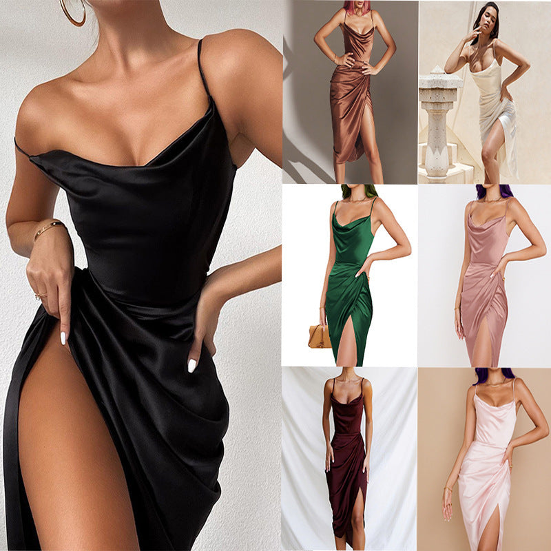 Damen Elegantes satin Kleid mit raffinierten Drapierungen Drune