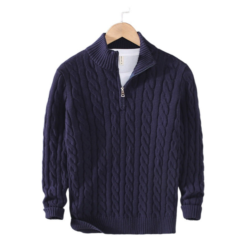 Herren Zopfmuster-Halbzip-Pullover aus weicher Baumwollmischung mit Stehkragen Drune