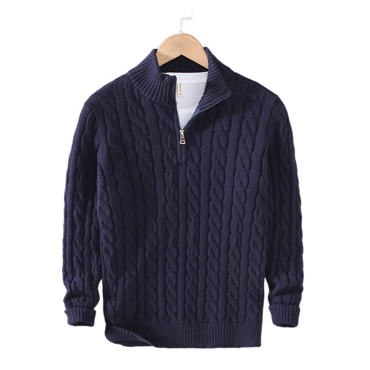 Herren Zopfmuster-Halbzip-Pullover aus weicher Baumwollmischung mit Stehkragen Drune
