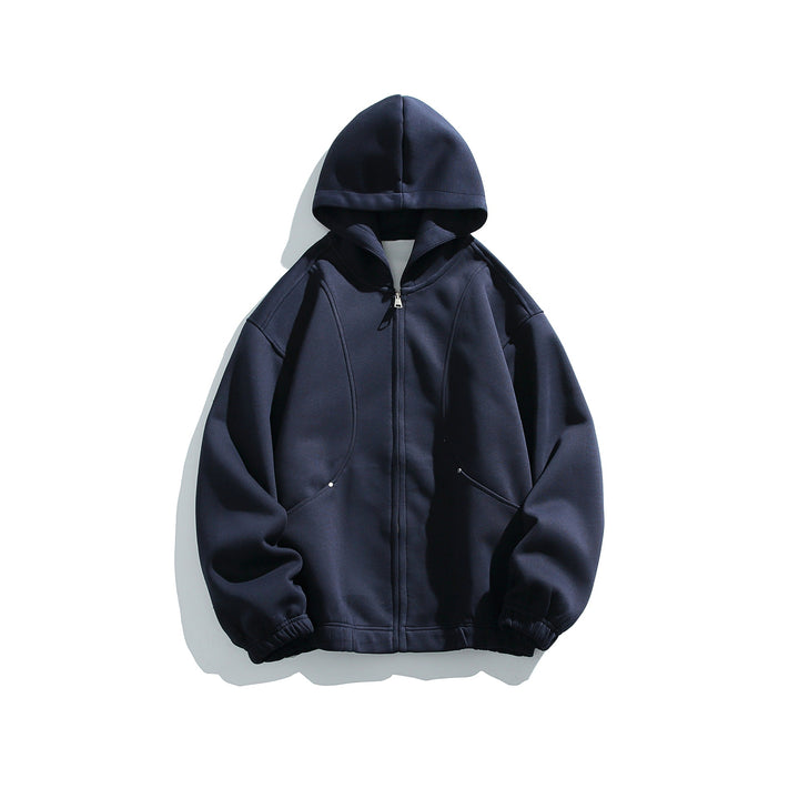 Unisex Kapuzenjacke mit durchgehendem Reißverschluss, strukturierter Neopren‑Optik und Kugelfalten-Details Drune