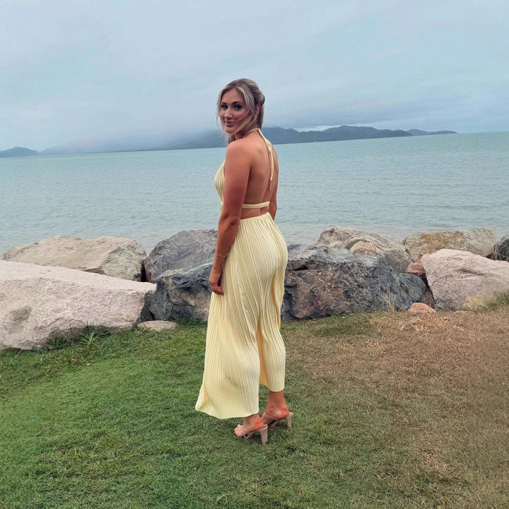 Damen Hochwertiges Plisseekleid mit Häkelkragen und Taillengürtel Drune