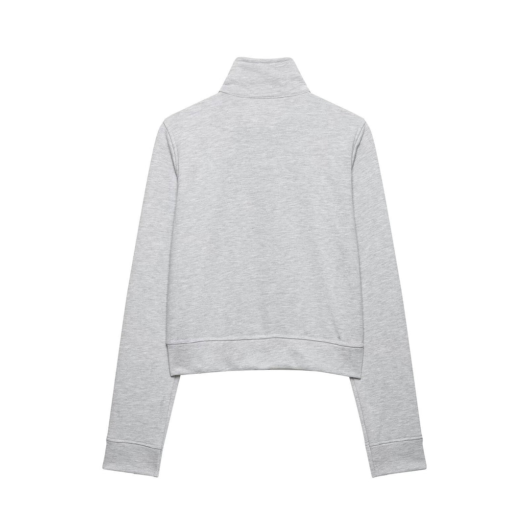 Damen Cropped-Sweatjacke mit Stehkragen und dekorativer Zierknopfleiste Drune