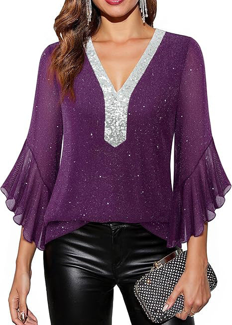 Damen Festliche Mesh-Bluse mit V-Ausschnitt, Paillettenbesatz und Volantärmeln Drune