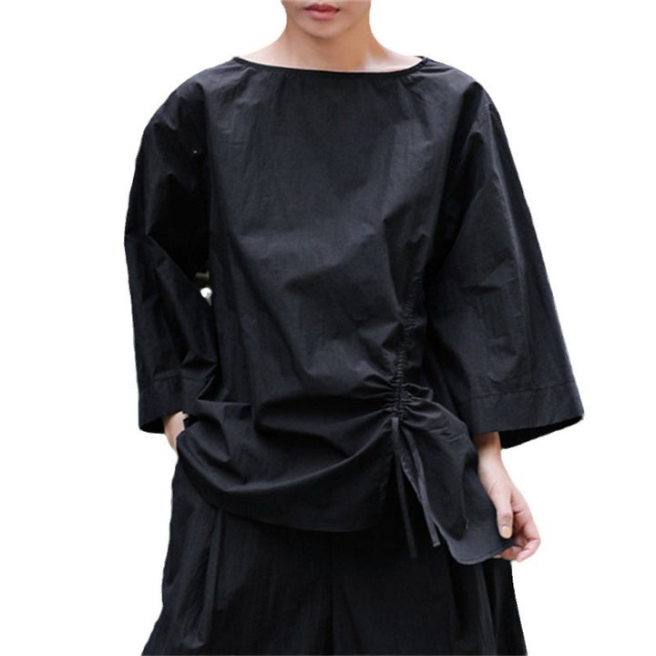 Damen Oversize-Bluse mit seitlicher Kordel‑Raffung, U‑Boot‑Ausschnitt und weiten Ärmeln Drune