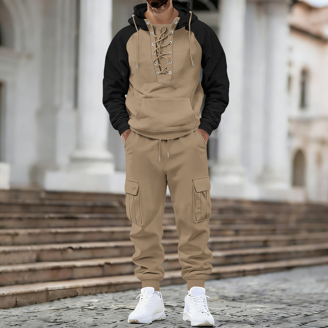 Herren Kapuzen-Sweatshirt mit vorn geschnürter Blende, Raglanärmeln und Kängurutasche Drune