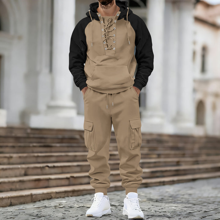 Herren Kapuzen-Sweatshirt mit vorn geschnürter Blende, Raglanärmeln und Kängurutasche Drune