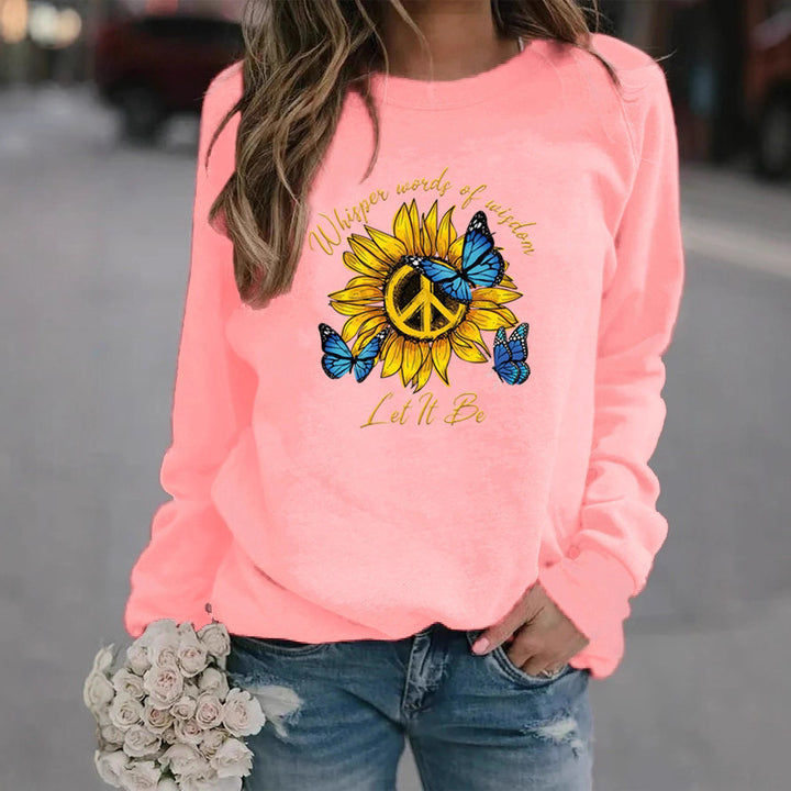 Damen Sweatshirt mit künstlerischem Sonnenblumen- und Schmetterlingsdesign Drune