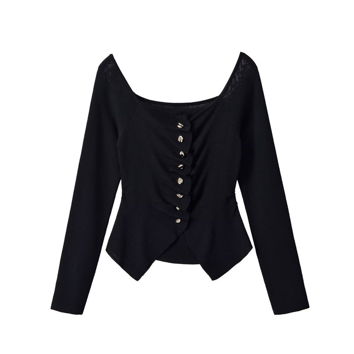 Damen Figurbetonte Rüschenbluse mit goldfarbenen Zierknöpfen und asymmetrischem Peplum Drune