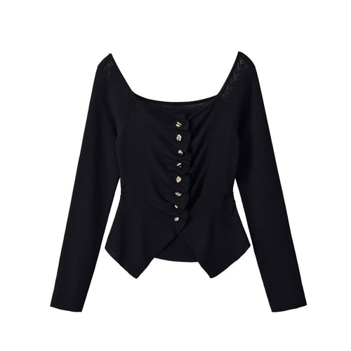 Damen Figurbetonte Rüschenbluse mit goldfarbenen Zierknöpfen und asymmetrischem Peplum Drune
