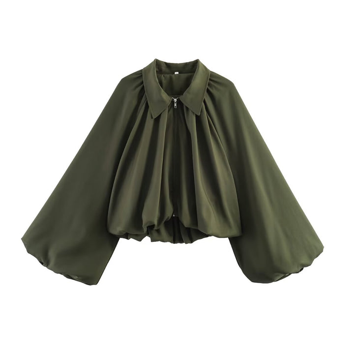 Damen Cropped-Blusenjacke mit voluminösen Ballonärmeln und Reverskragen Drune