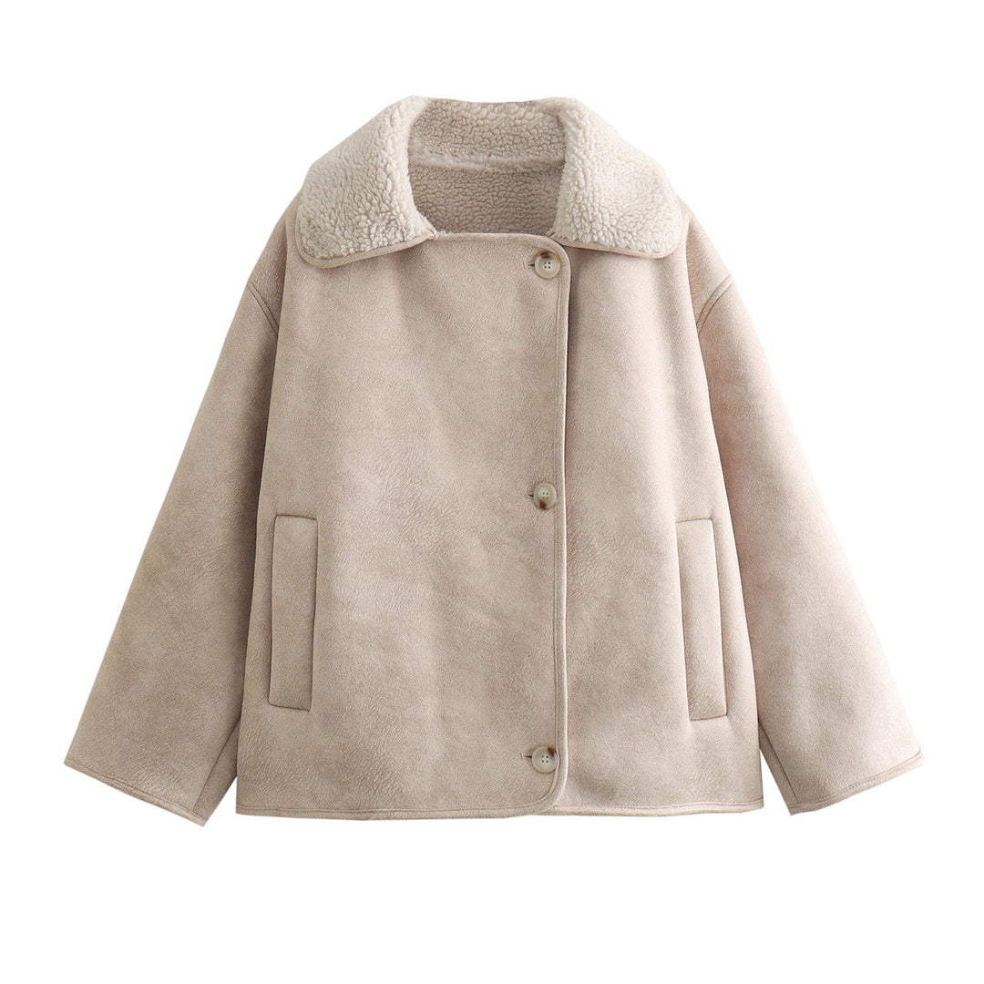 Damen nan kurzjacke im Velours‑Look mit Teddykragen und verdeckter Knopfleiste Drune