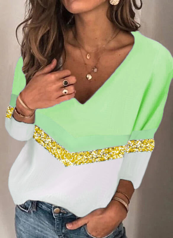 Damen Stylischer V-Ausschnitt Feinstrickpullover mit Glitzerband und Colorblock-Einsatz Drune