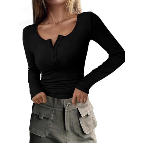 Damen Langärmeliges Rippshirt mit Henley-Knopfleiste und taillierter Passform Drune
