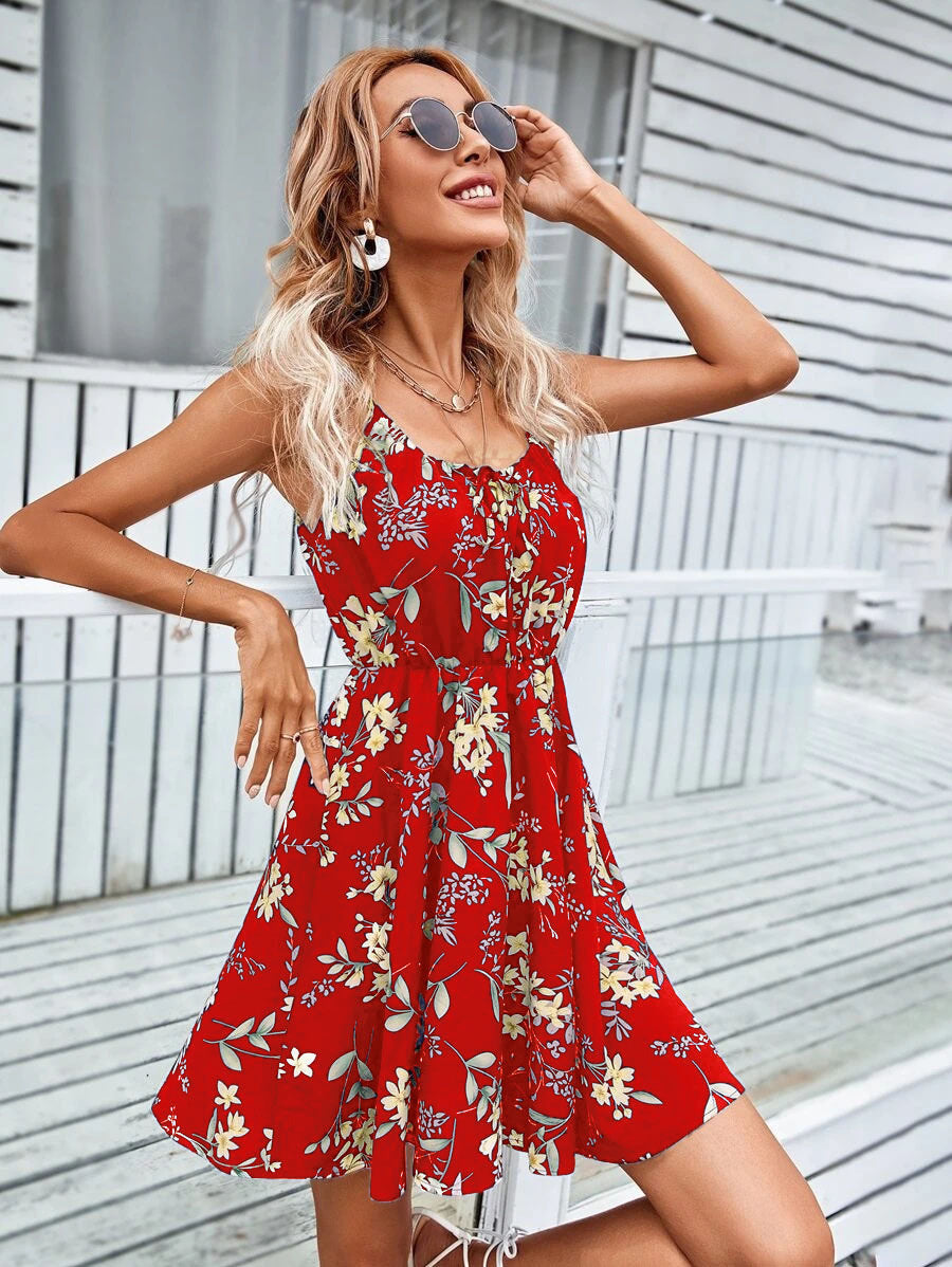 Damen Florales Sommerkleid mit Spaghettiträgern und tailliertem A-Linien-Schnitt Drune