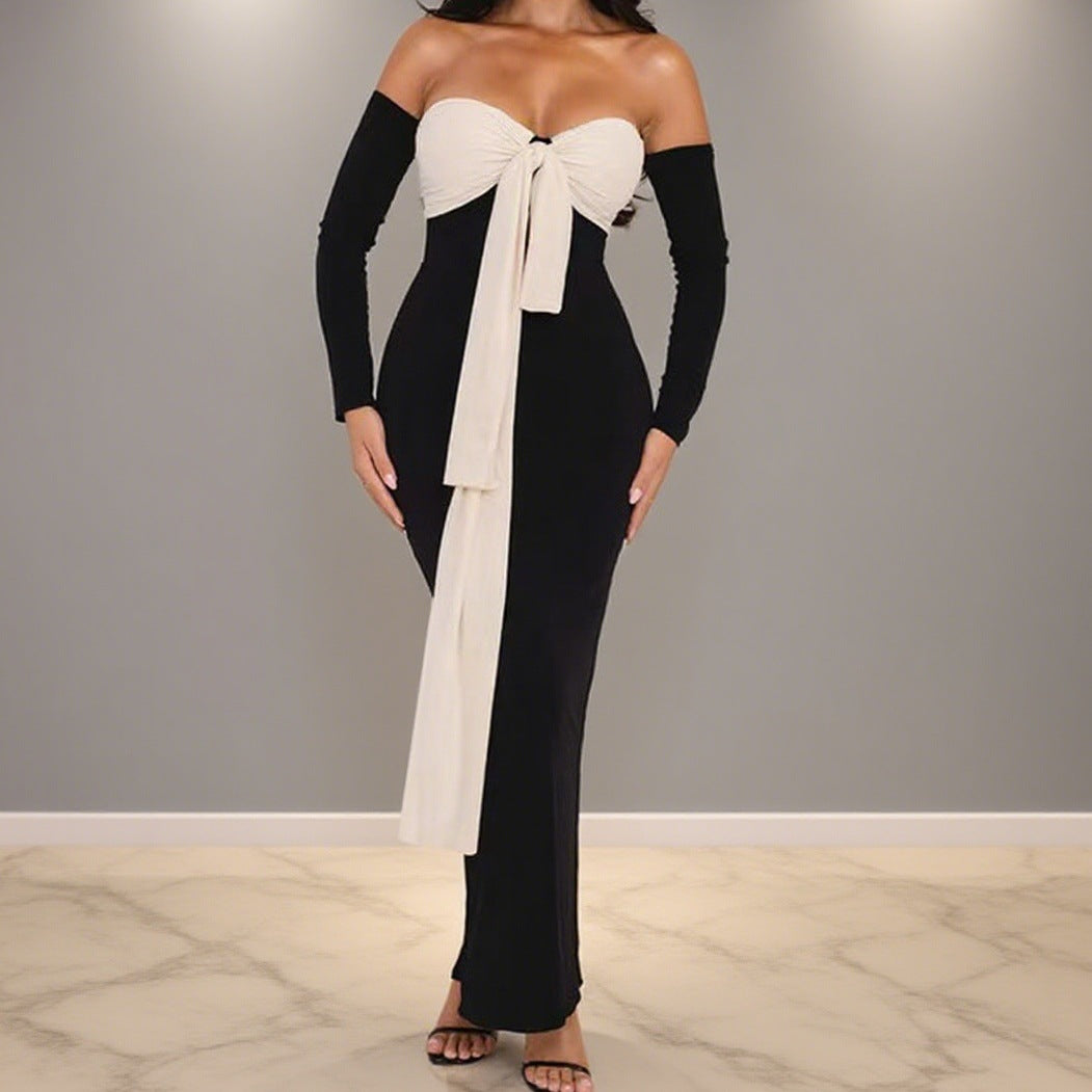 Damen Elegantes Off-Shoulder Maxikleid mit dekorativem Knoten und langen Ärmeln Drune