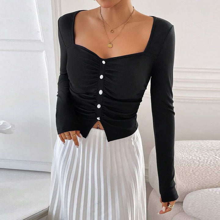 Damen figurbetontes gerafftes Langarm-Cropped-Top mit quadratischem Dekolleté und Zierknopfleiste Drune