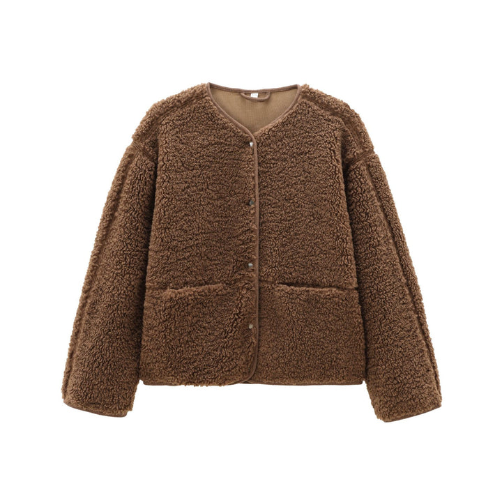Damen nan kurz geschnittene Teddyjacke mit Druckknopfleiste und aufgesetzten Taschen Drune