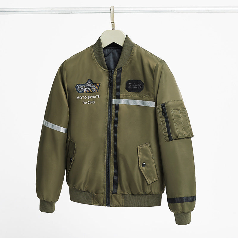 Men's  motorcycle-inspired reflective pilot bomber jacket with embroidered racing badge Drune