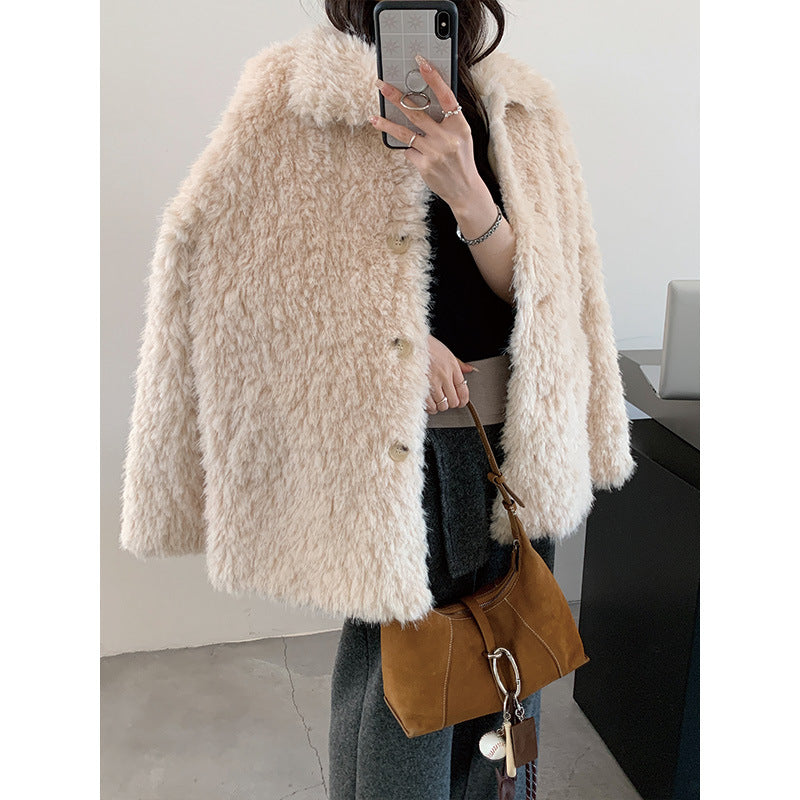Damen Flauschiger Teddy-Mantel aus Kunstfell mit Hemdkragen und Boxy‑Silhouette Drune