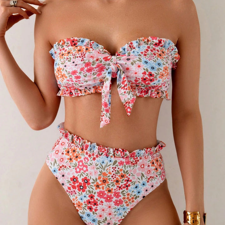 Damen Bikini-Set mit romantischen Rüschendetails und hohem Taillenbund Drune
