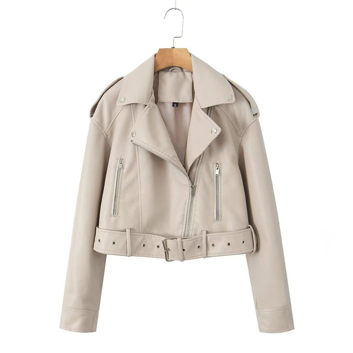 Damen taillierte Kunstleder-Bikerjacke mit Gürtel Drune