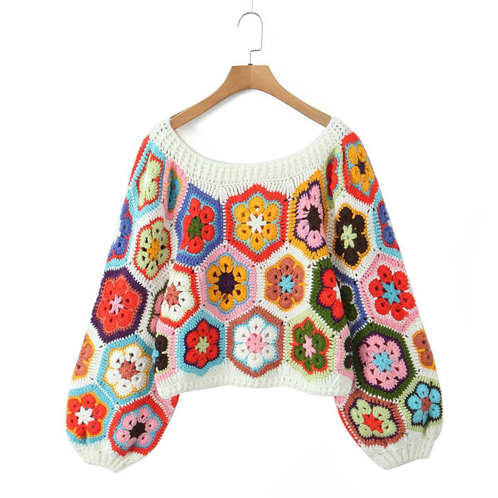 Damen lässiger, handgefertigter Pullover mit floralen Häkelmotiven Drune