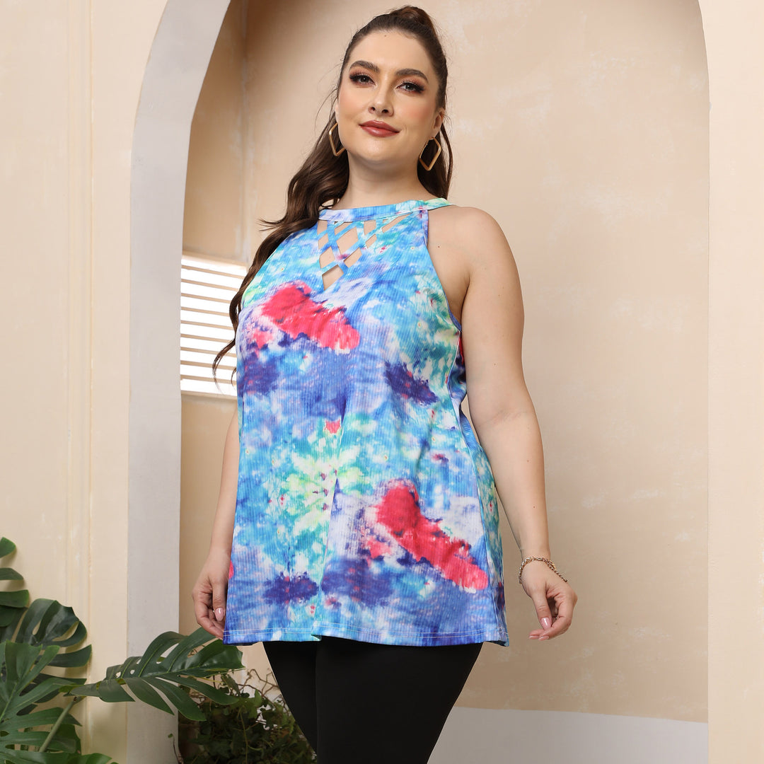 Damen lässiges Top mit modernen Cut-Outs und buntem Batik-Muster Drune