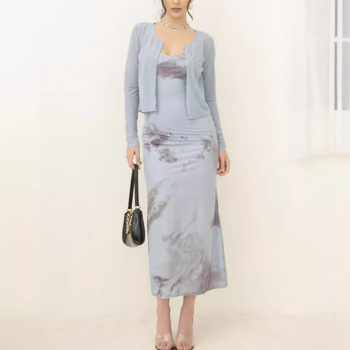 Damen Zweiteiliges Maxikleid-Set mit tailliertem Slipkleid und kurzem Langarm-Cardigan Drune