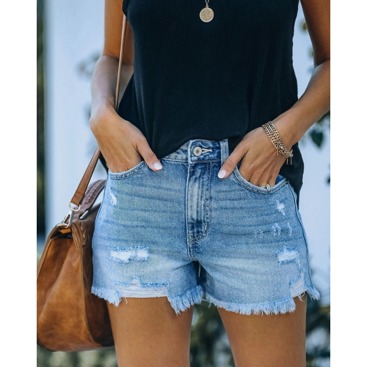 Damen Destroyed Jeansshorts mit hohem Bund und franjierter Saumkante Drune