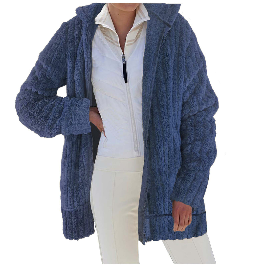Damen Oversize Teddy‑Fleece Kapuzenmantel mit Rippbündchen und Eingrifftaschen Drune