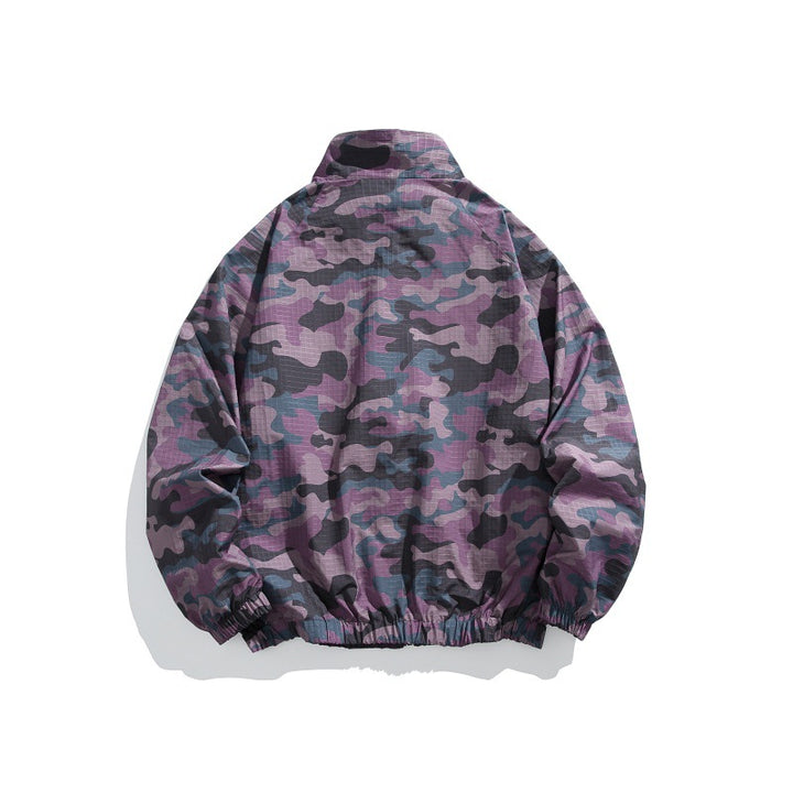 Unisex Leichter Camo‑Windbreaker mit hohem Stehkragen, Brustreißverschluss und elastischem Saum Drune