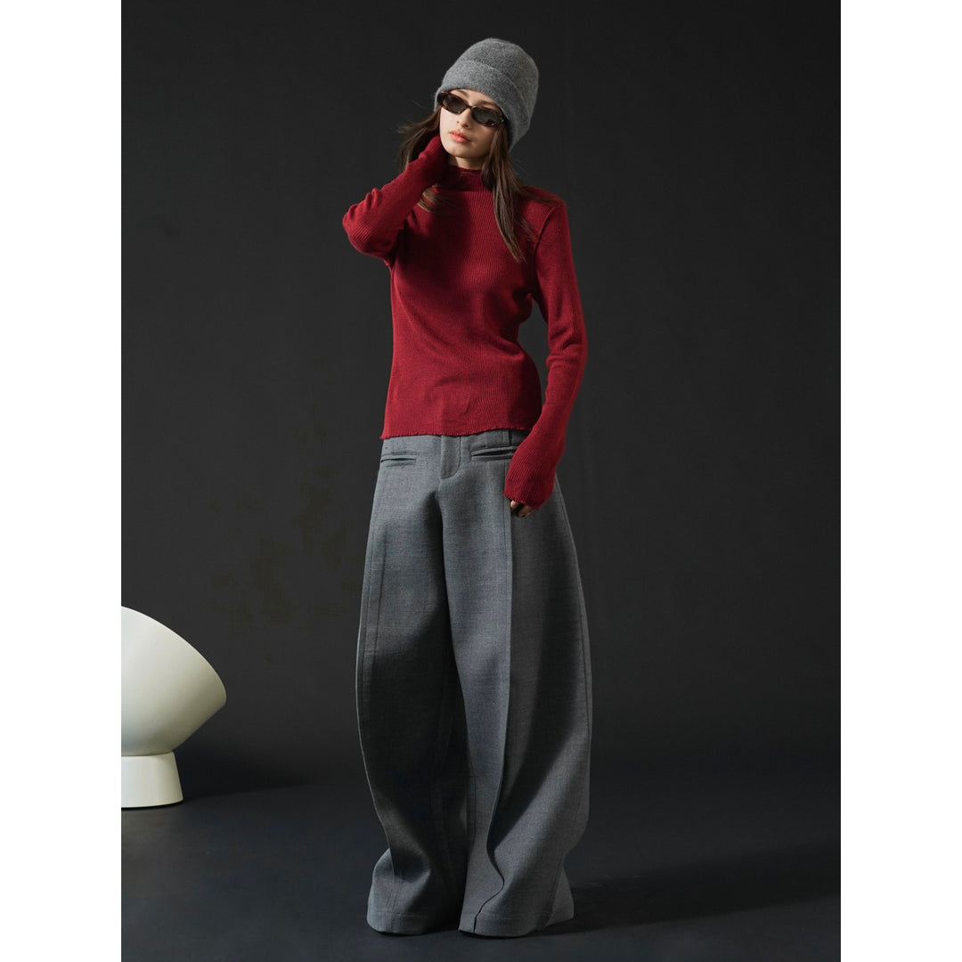 Damen Figurnahes Rippstrick-Longsleeve mit kurzem Stehkragen und feiner Wellenkante Drune
