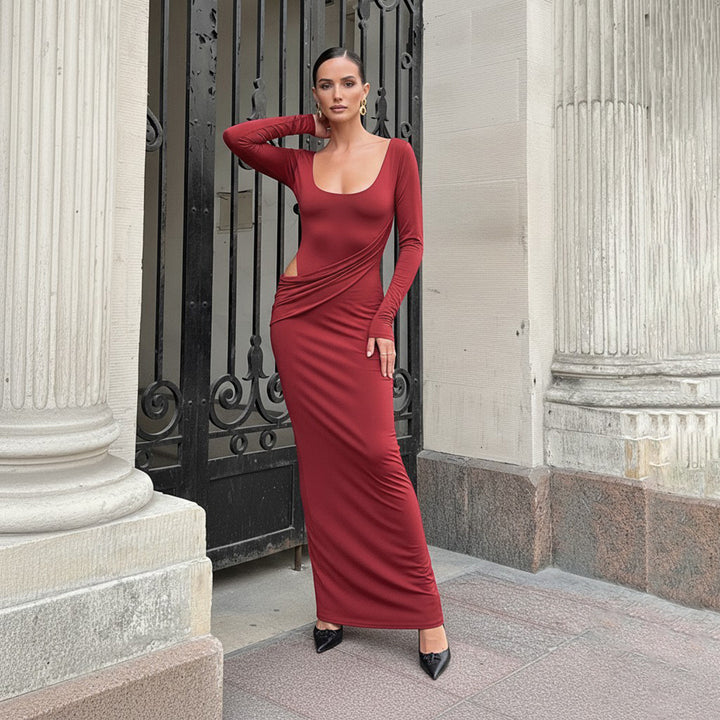 Damen Figurbetontes Maxikleid mit U-Boot-Ausschnitt, seitlicher Raffung und Stretch-Jersey Drune