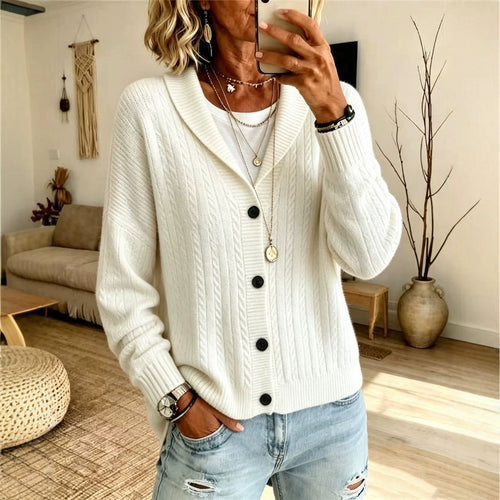 Damen Langer Schalkragen-Cardigan aus Zopfmuster mit gerippten Bündchen Drune