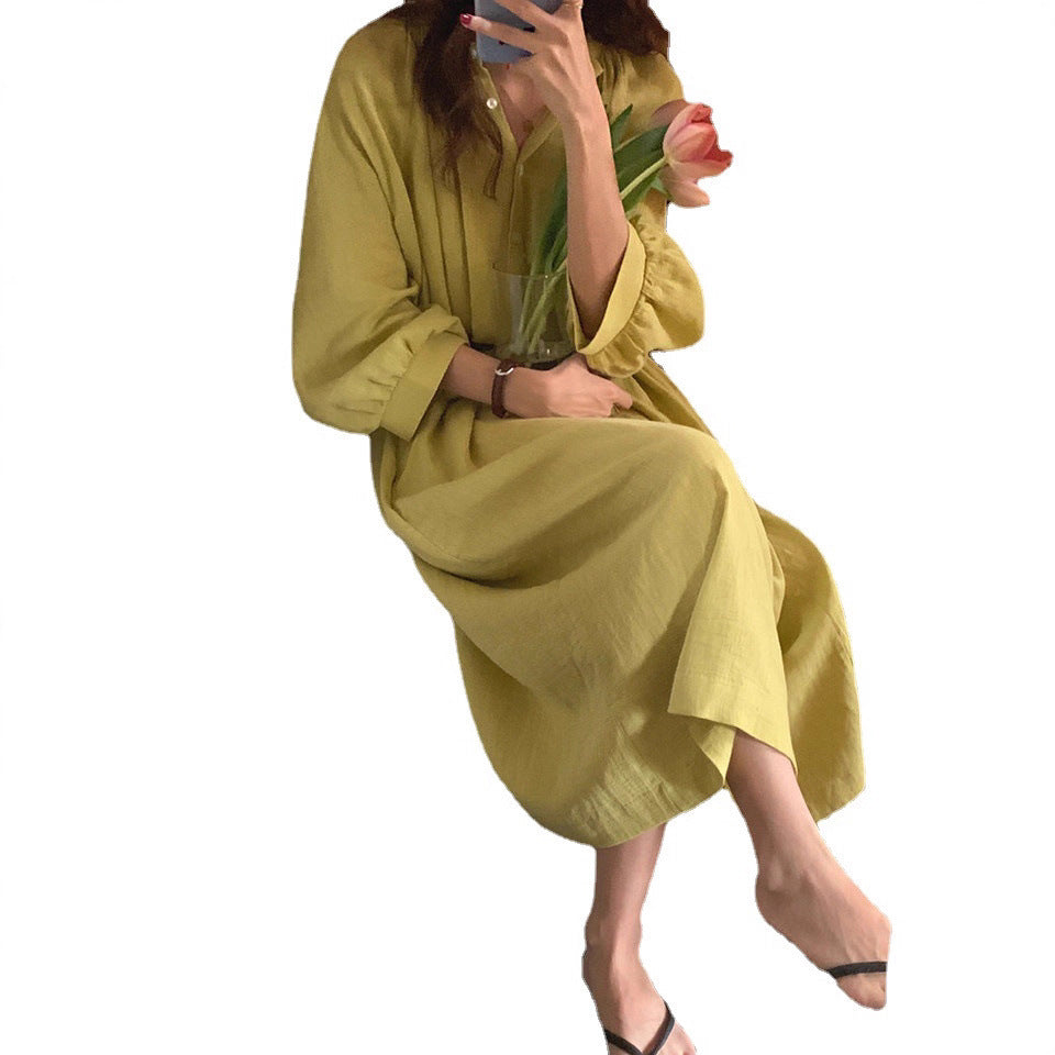 Damen Weites Leinenmix-Maxikleid mit Stehkragen, Kordel-Taille und Ballonärmeln Drune