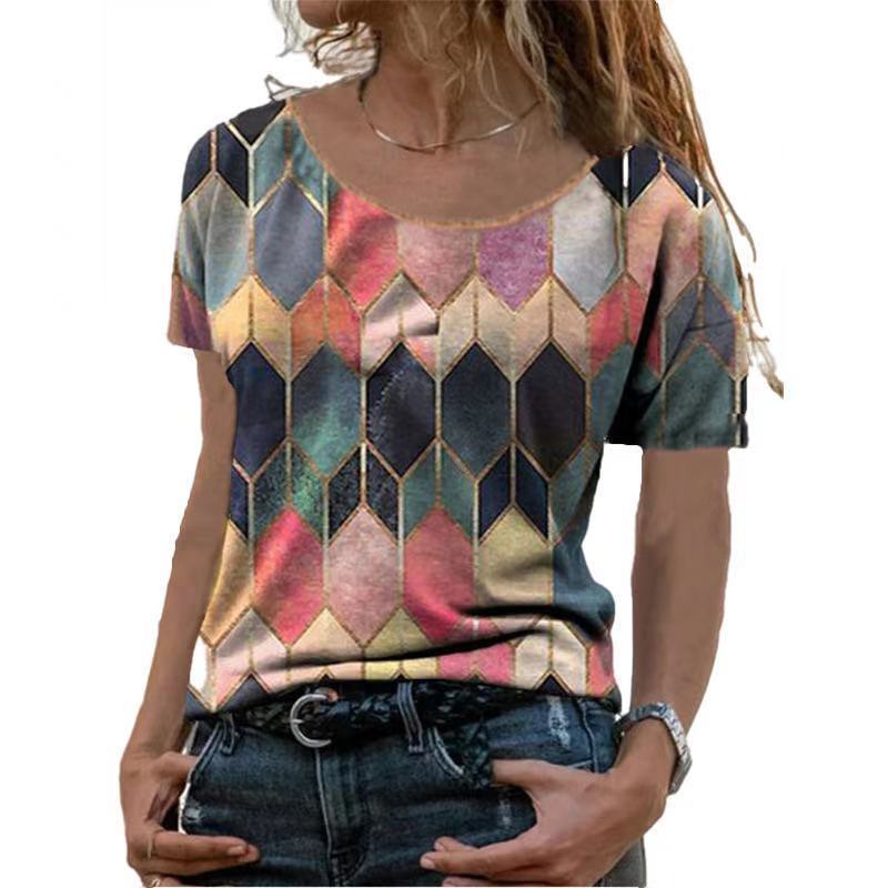 Damen Kurzarm Oberteil mit geometrischem Muster Drune