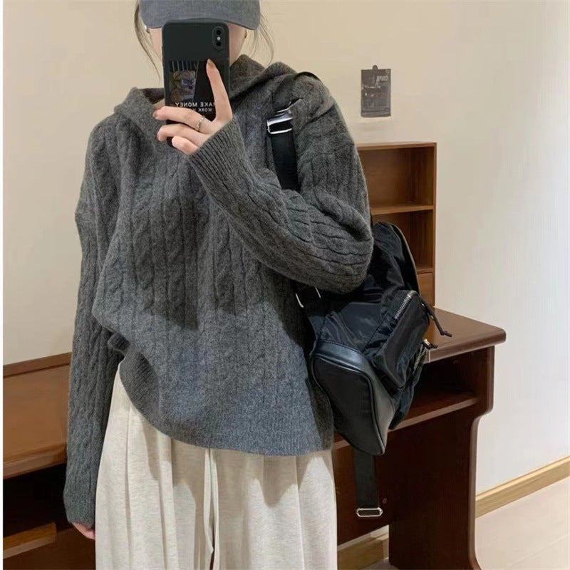 Damen Kuscheliger Strickpullover mit Kapuze und Zopfmuster Drune
