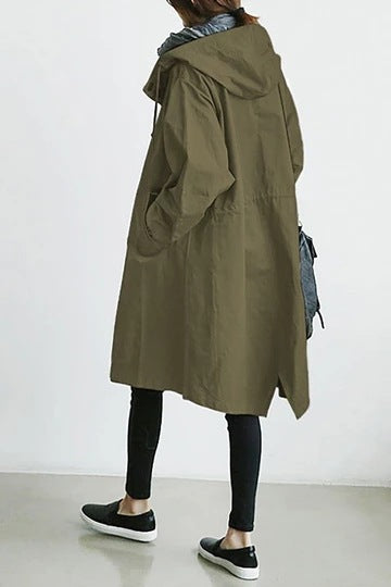 Damen nan leichter oversized Parka-Mantel mit Kapuze, Taillenzug und seitlichem Gehschlitz Drune