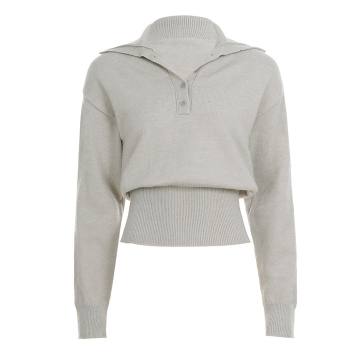 Damen Kurzgeschnittener Feinstrickpullover mit Polokragen und breitem Rippbund Drune