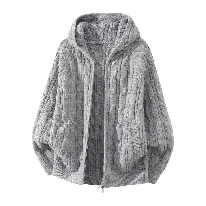 Damen Oversize Kapuzen-Strickjacke mit Zopfmuster und teilbarem Reißverschluss Drune