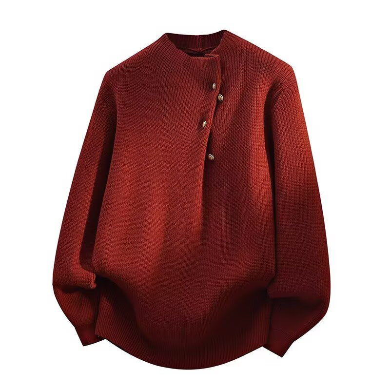 Damen Modischer Stehkragenpullover mit Knopfdetails Drune