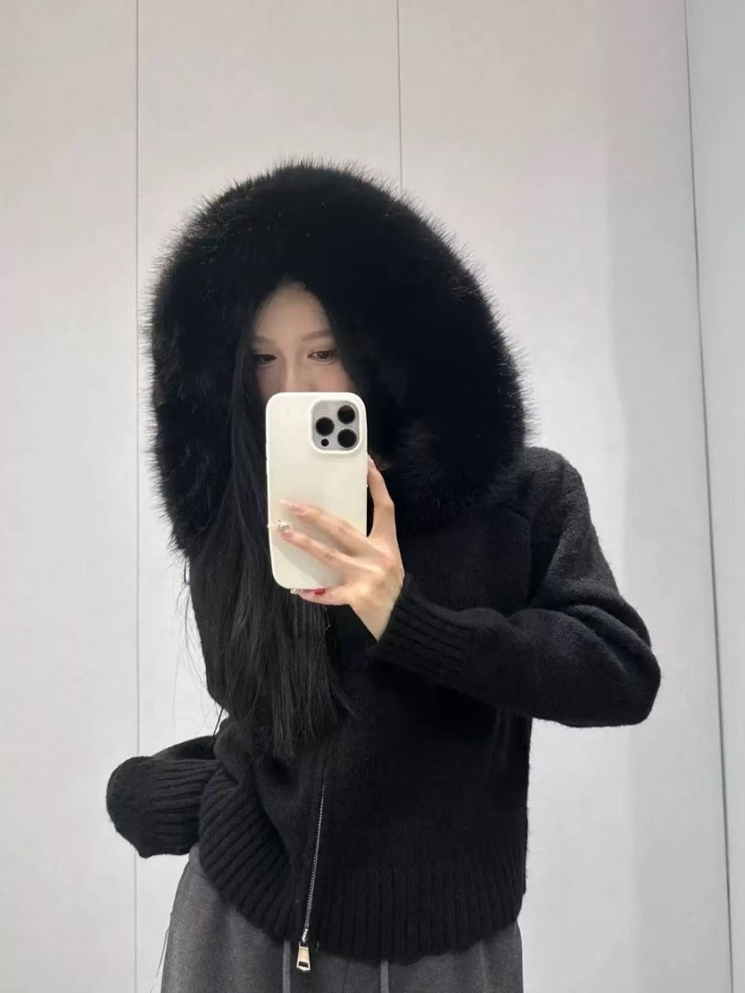 Damen kuschelige Strickjacke mit luxuriösem Pelzkragen und Reißverschluss Drune