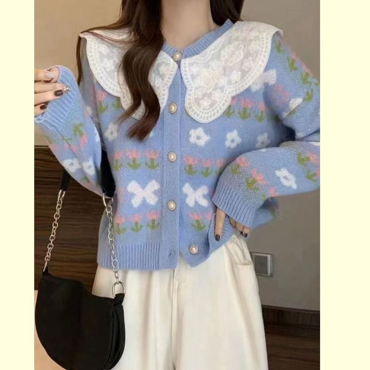 Damen Strickjacke mit floralen Mustern und großem Kragen Drune