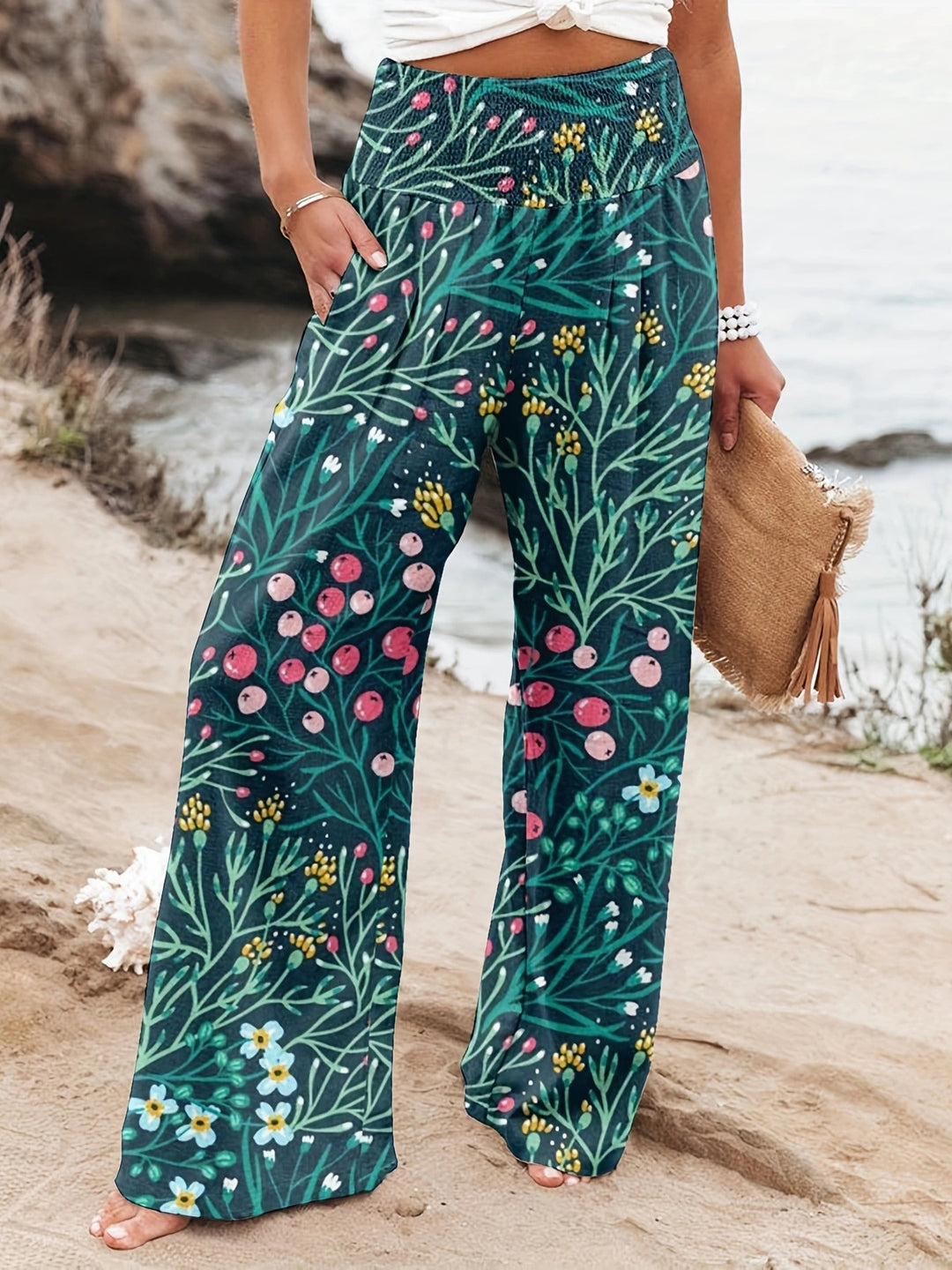 Damen Palazzo-Hosen mit floralem Druck und elastischem Bauchbund Drune