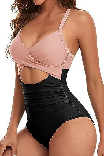 Drune | Damen Einteiler Badeanzüge Push Up Bauchkontrolle Badeanzüge V-Ausschnitt Cutout Anständige Bademode