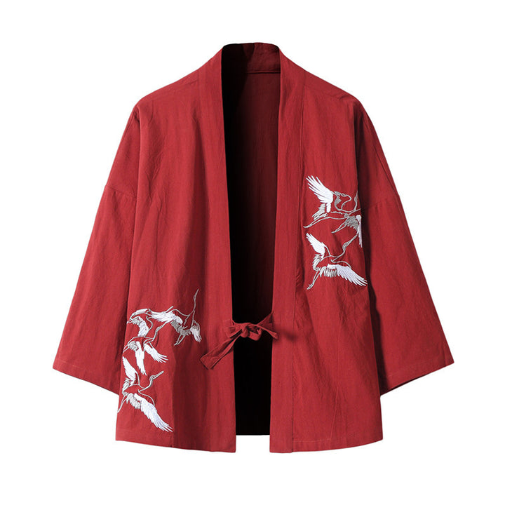 Unisex nan japanisch inspirierte Kimonojacke mit Kranichstickerei und Bindeschließe Drune