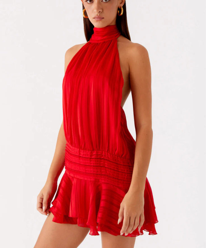 Damen Neckholder Minikleid mit Rüschensaum und gepolstertem Oberteil Drune