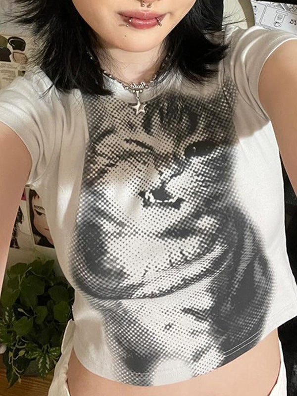 Damen Crop-T-Shirt mit kreativem Katzenmotiv Drune