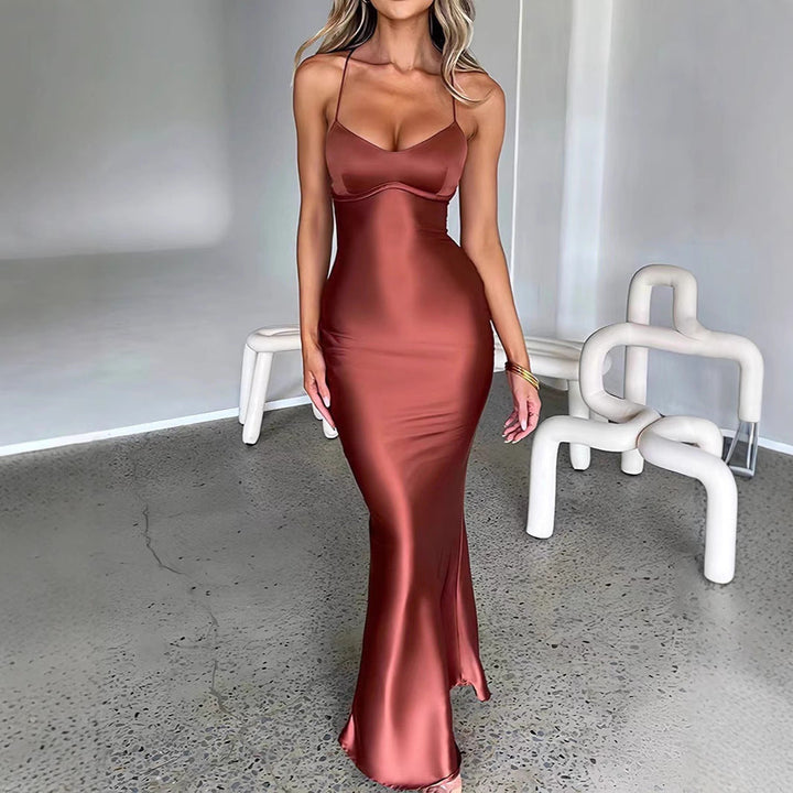 Damen Glamouröses Langarm-Maxi-Kleid mit verstellbaren Trägern und figurbetontem Schnitt Drune