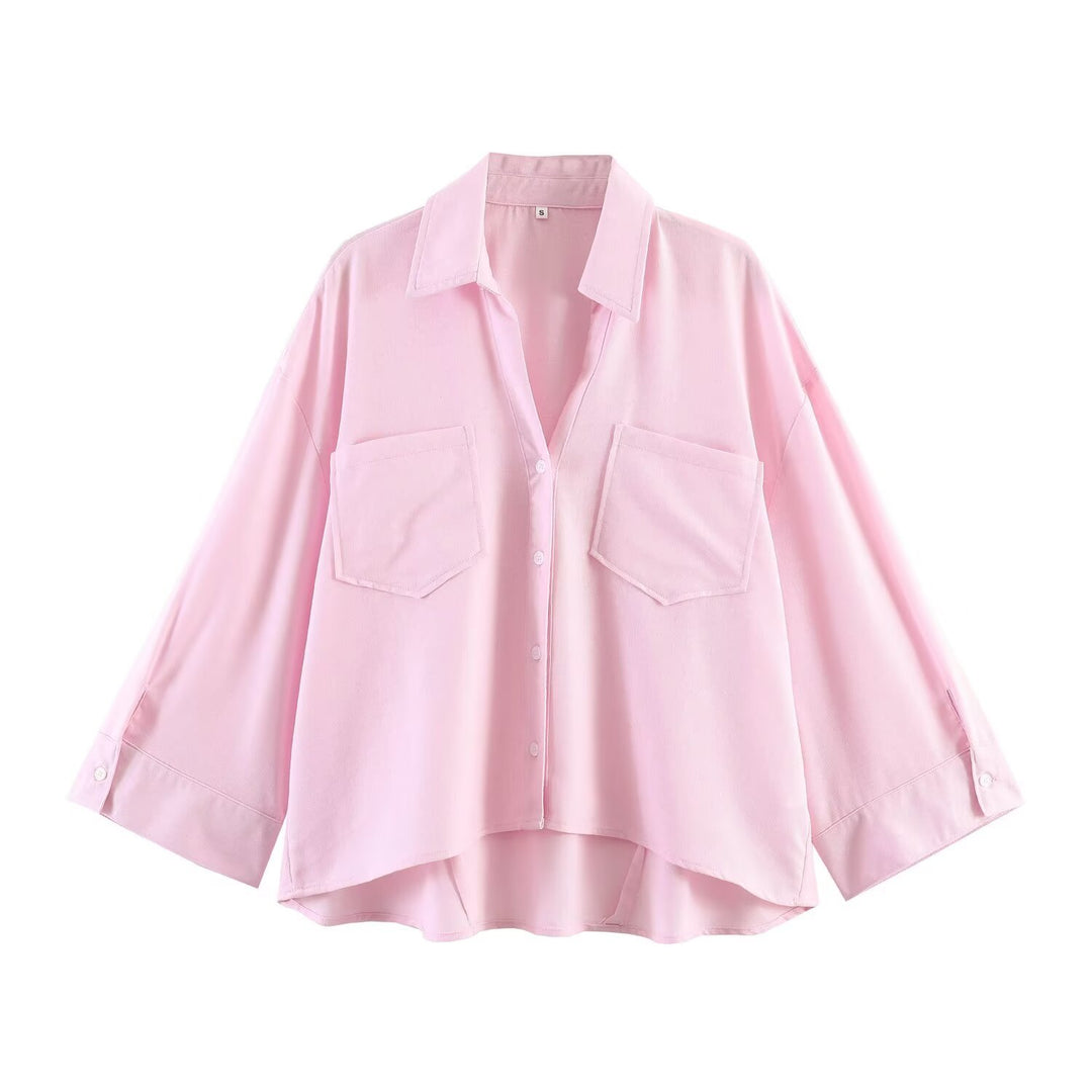 Damen Oversize-Hemdbluse mit großen Brusttaschen, überschnittener Schulter und High‑Low‑Saum Drune